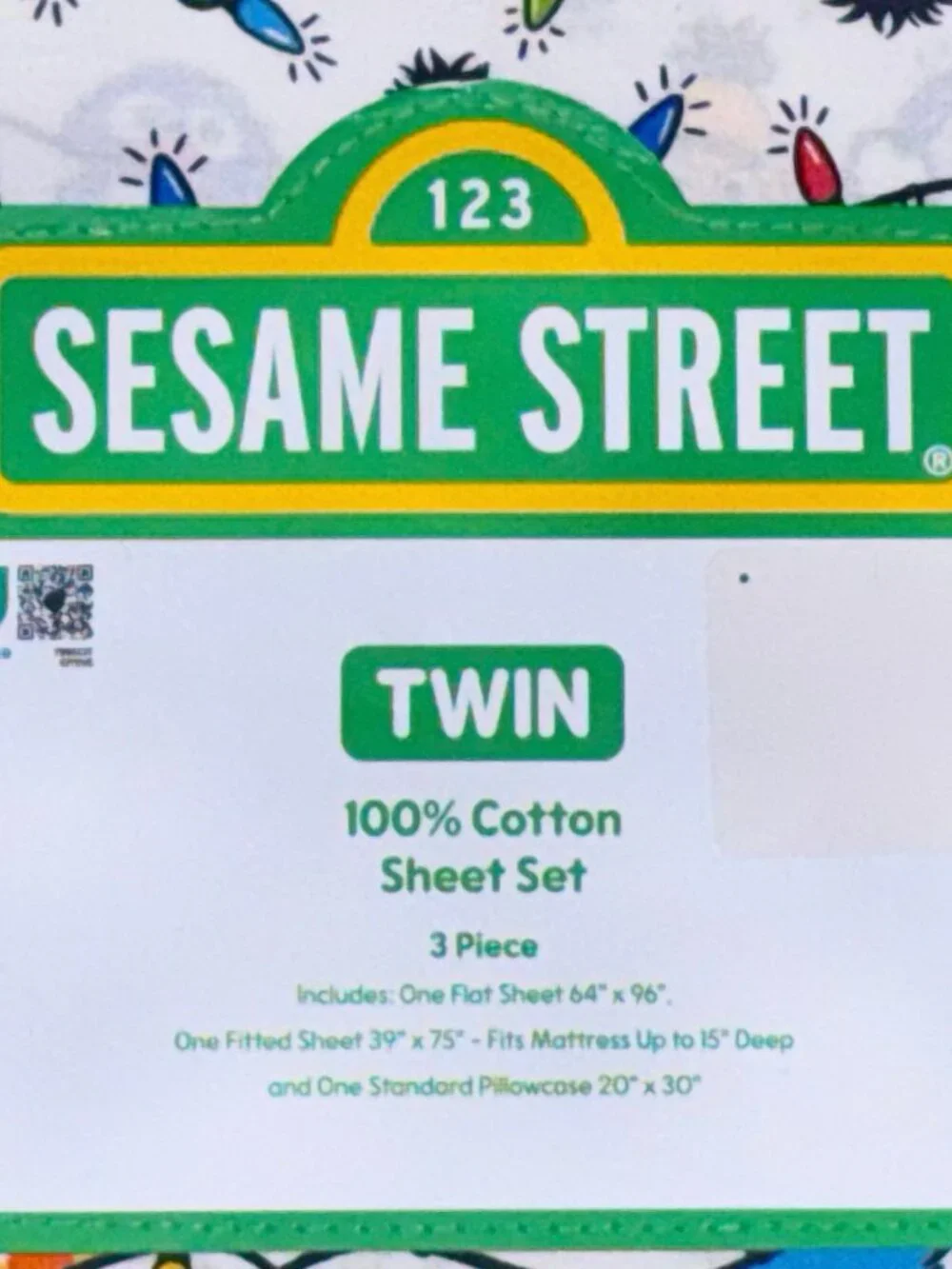 Sesame Street Christmas Lights TWIN Size Cotton Sheet Set Elmo Cookie Monster